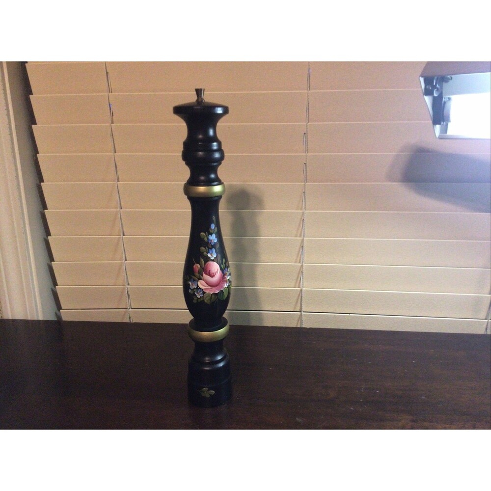 Vintage Denmark Wood Hand Painted Floral Pepper Mill Shaker MCM Folk 14”